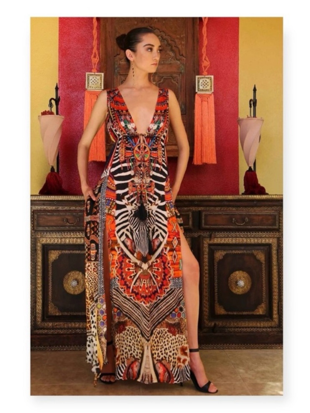 new Shahida Parides 𒀭 RHOBH Silk Crystal Tribal Print Maxi Dress 𒀭 Orange 00-12 - Picture 15 of 16